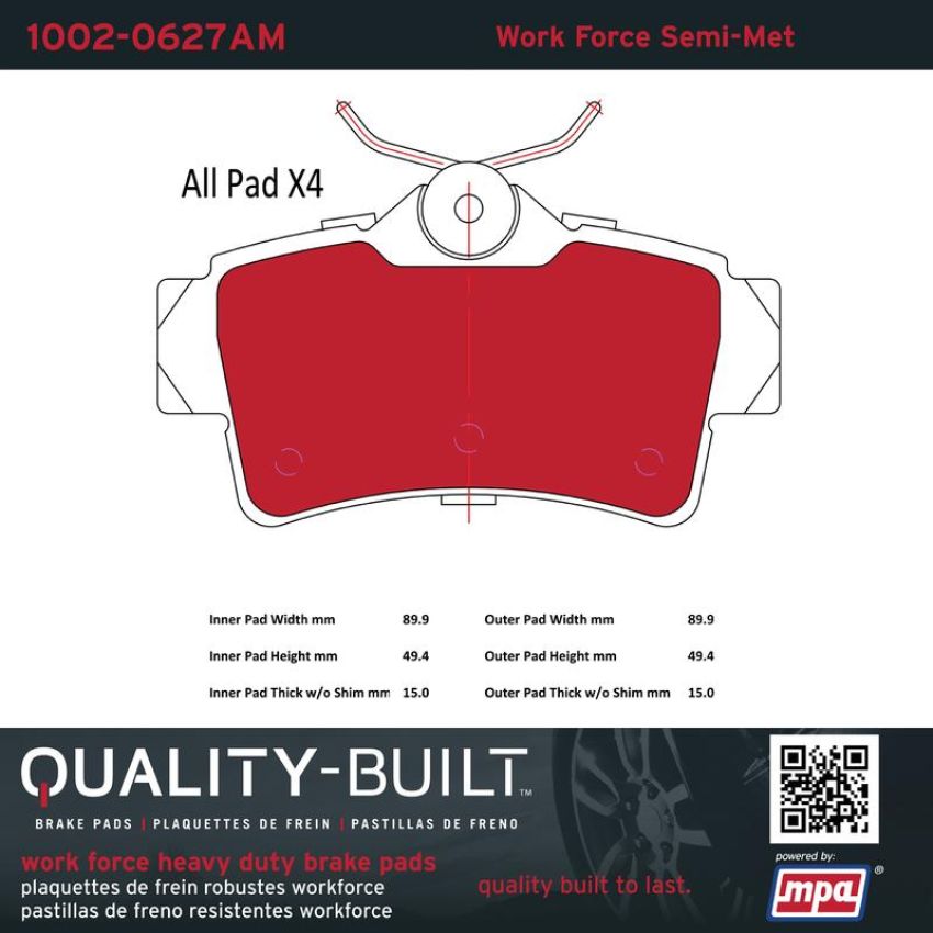 MPA 1002-0627AM Quality-Built Work Force Heavy Duty Brake Pads w/ Hardware