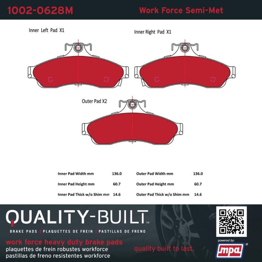 MPA 1002-0628M Quality-Built Work Force Heavy Duty Brake Pads w/ Hardware