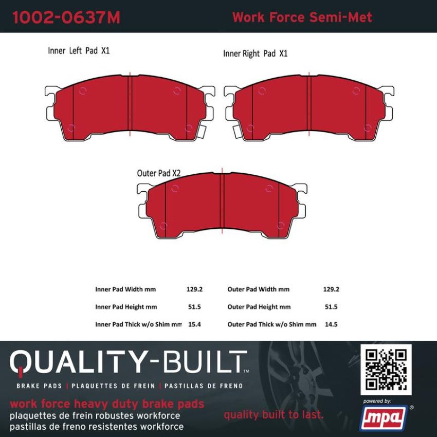 MPA 1002-0637M Quality-Built Work Force Heavy Duty Brake Pads w/ Hardware