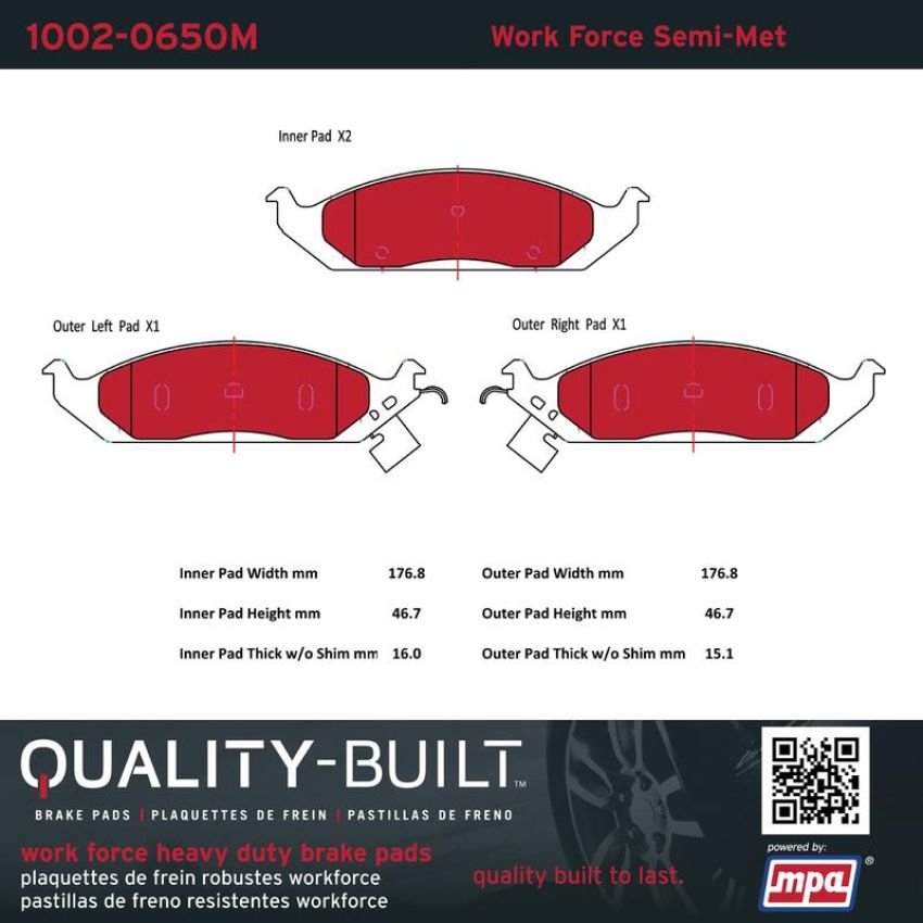 MPA 1002-0650M Quality-Built Work Force Heavy Duty Brake Pads w/ Hardware
