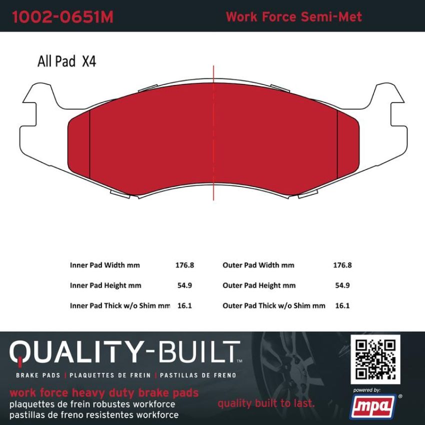 MPA 1002-0651M Quality-Built Work Force Heavy Duty Brake Pads w/ Hardware