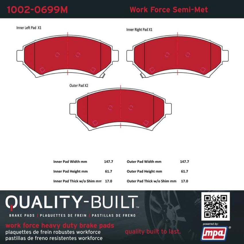 MPA 1002-0699M Quality-Built Work Force Heavy Duty Brake Pads w/ Hardware