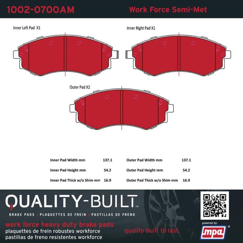 MPA 1002-0700AM Quality-Built Work Force Heavy Duty Brake Pads w/ Hardware