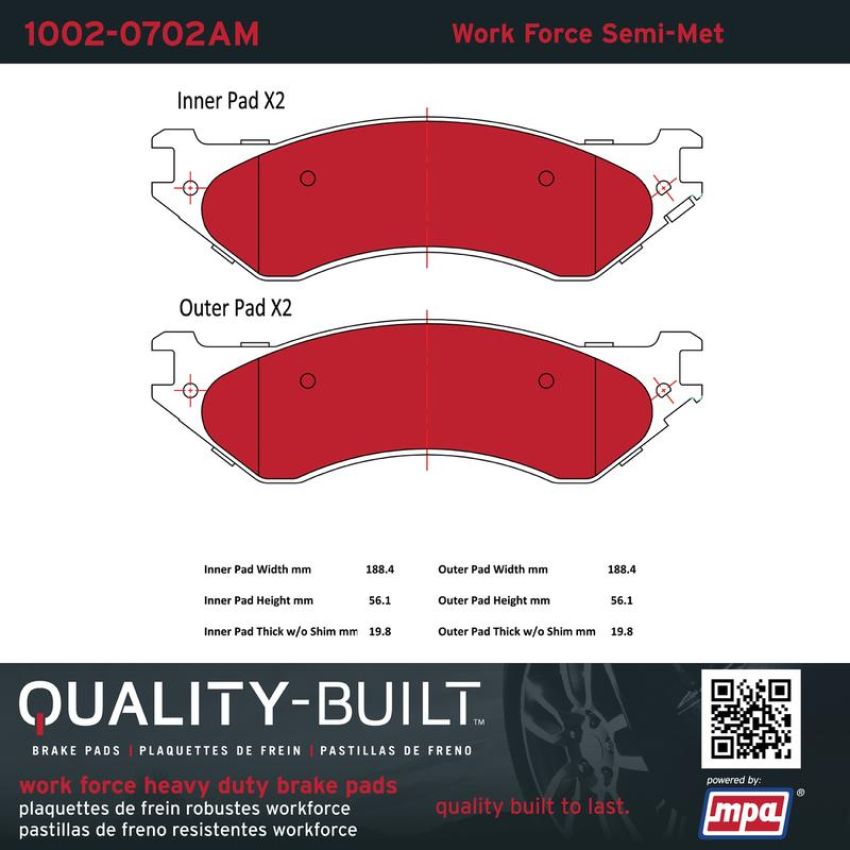 MPA 1002-0702AM Quality-Built Work Force Heavy Duty Brake Pads w/ Hardware