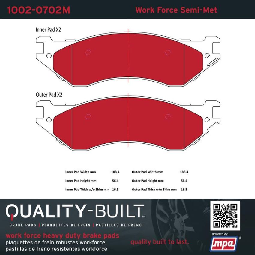 MPA 1002-0702M Quality-Built Work Force Heavy Duty Brake Pads w/ Hardware