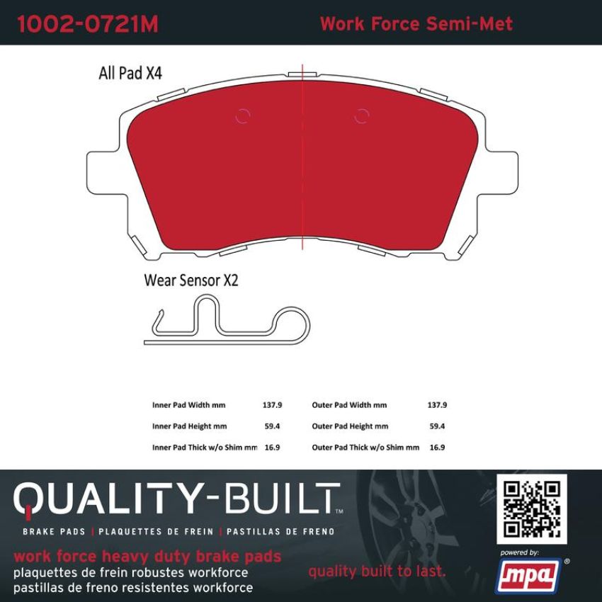 MPA 1002-0721M Quality-Built Work Force Heavy Duty Brake Pads w/ Hardware
