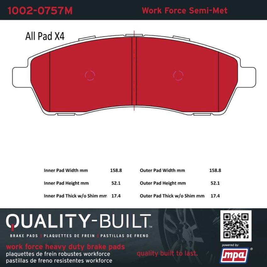 MPA 1002-0757M Quality-Built Work Force Heavy Duty Brake Pads w/ Hardware