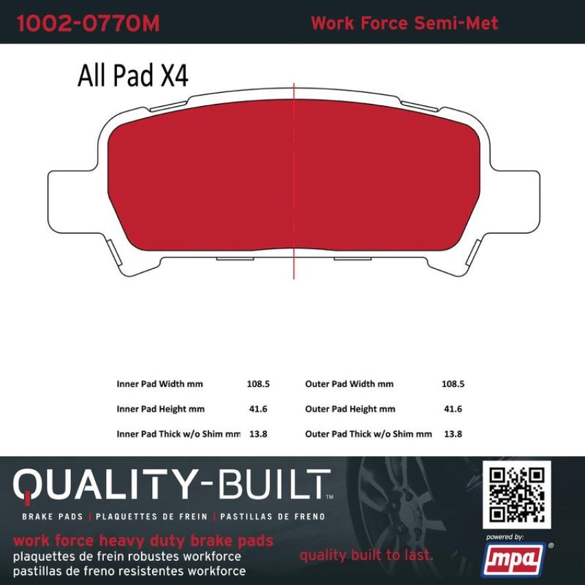 MPA 1002-0770M Quality-Built Work Force Heavy Duty Brake Pads w/ Hardware