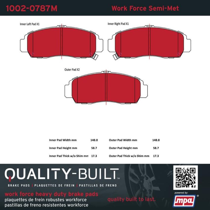 MPA 1002-0787M Quality-Built Work Force Heavy Duty Brake Pads w/ Hardware