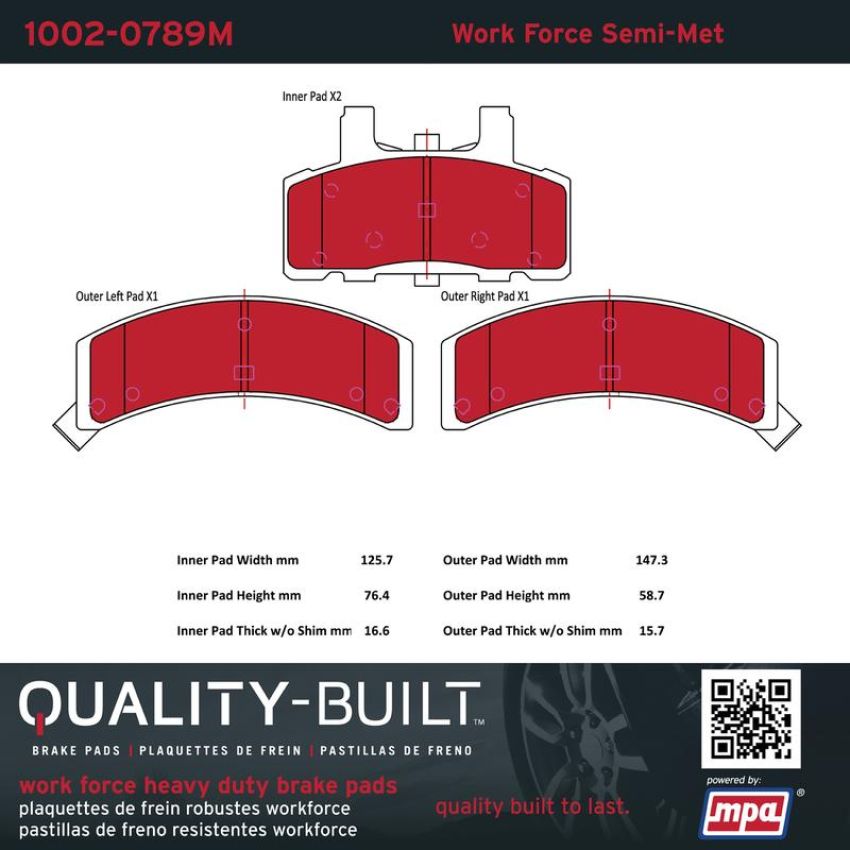 MPA 1002-0789M Quality-Built Work Force Heavy Duty Brake Pads w/ Hardware