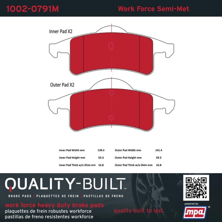 MPA 1002-0791M Quality-Built Work Force Heavy Duty Brake Pads w/ Hardware