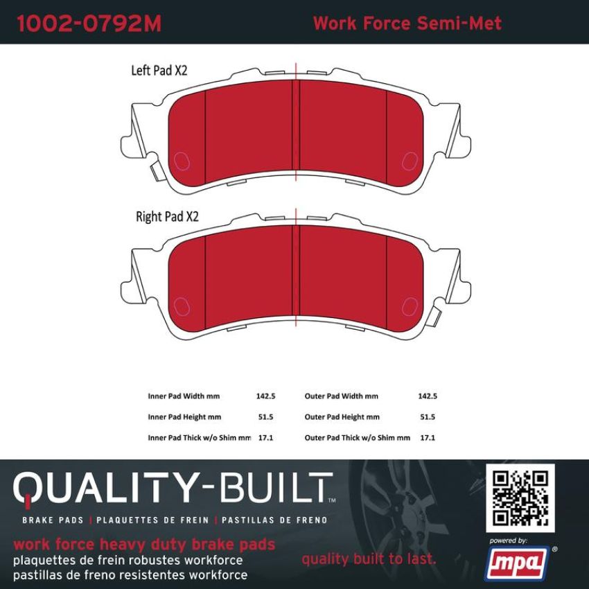 MPA 1002-0792M Quality-Built Work Force Heavy Duty Brake Pads w/ Hardware