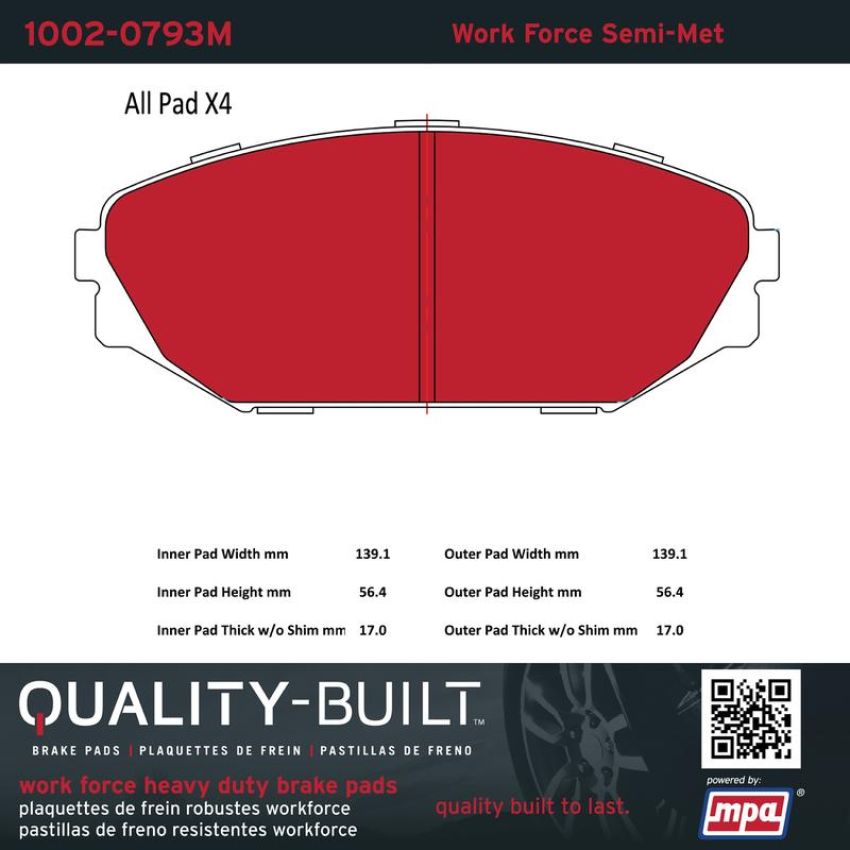 MPA 1002-0793M Quality-Built Work Force Heavy Duty Brake Pads w/ Hardware