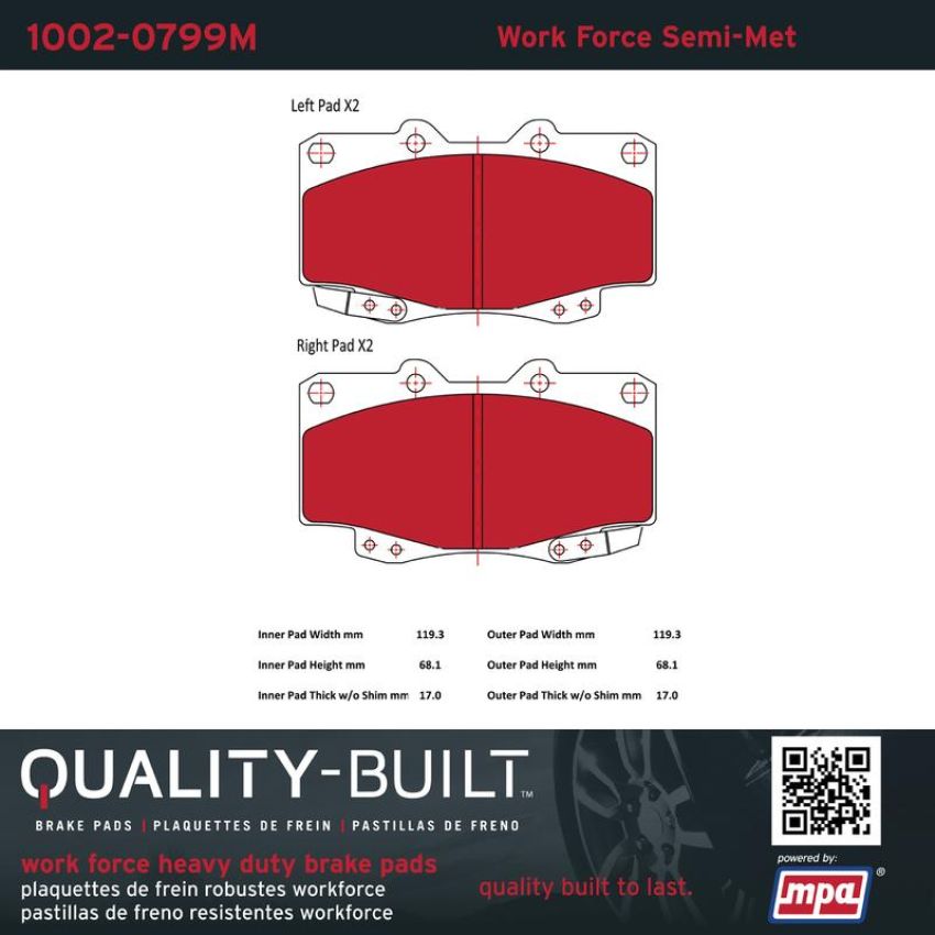 MPA 1002-0799M Quality-Built Work Force Heavy Duty Brake Pads w/ Hardware