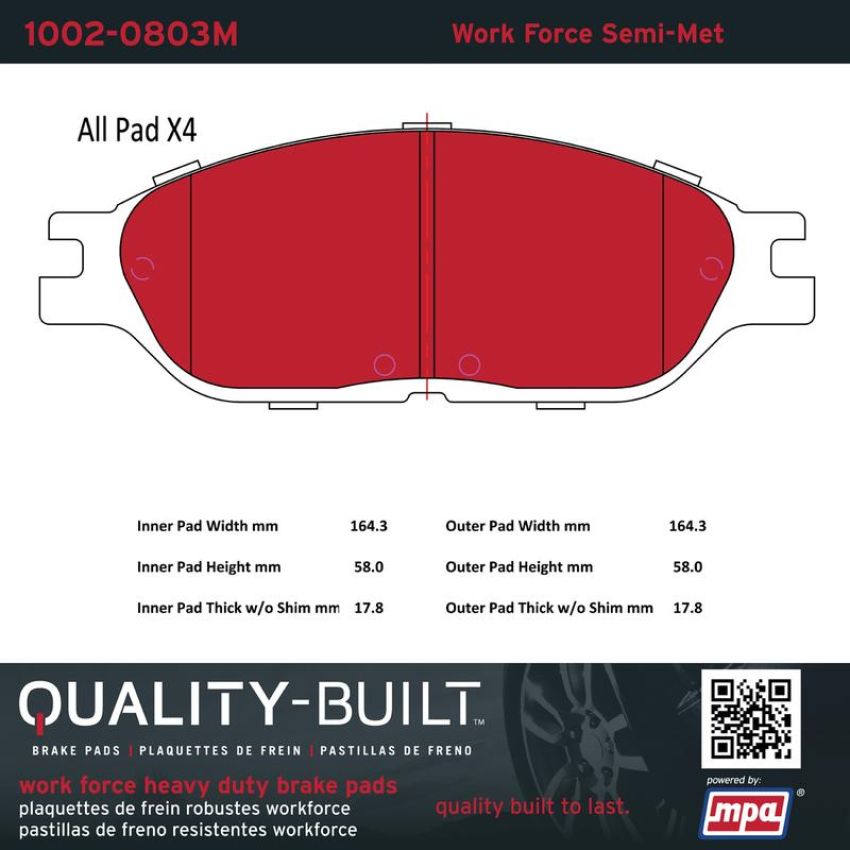 MPA 1002-0803M Quality-Built Work Force Heavy Duty Brake Pads w/ Hardware