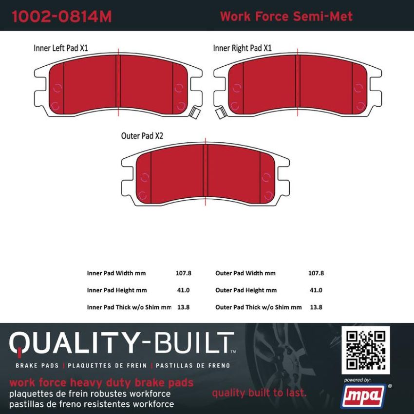 MPA 1002-0814M Quality-Built Work Force Heavy Duty Brake Pads w/ Hardware