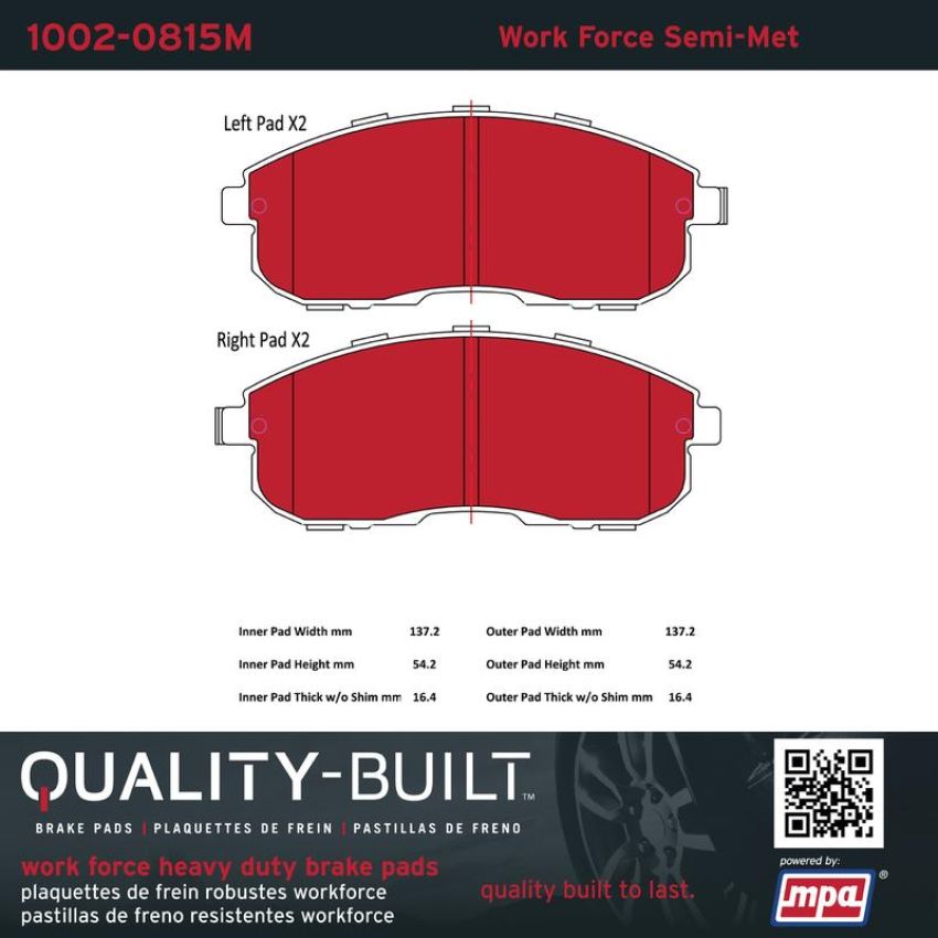 MPA 1002-0815M Quality-Built Work Force Heavy Duty Brake Pads w/ Hardware