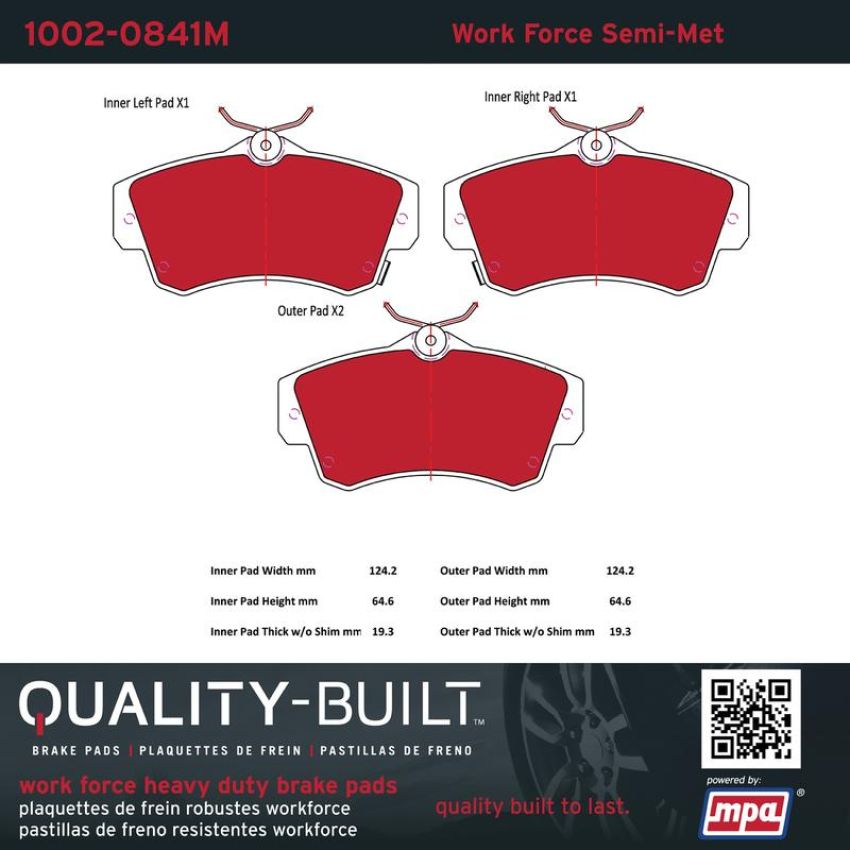MPA 1002-0841M Quality-Built Work Force Heavy Duty Brake Pads w/ Hardware