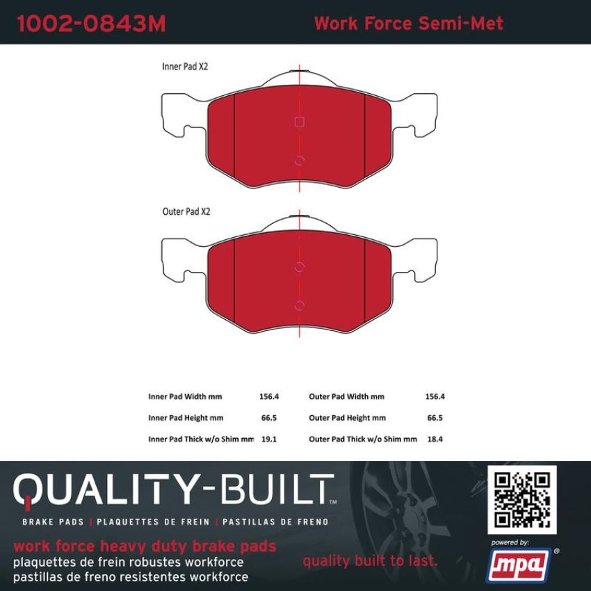 MPA 1002-0843M Quality-Built Work Force Heavy Duty Brake Pads w/ Hardware