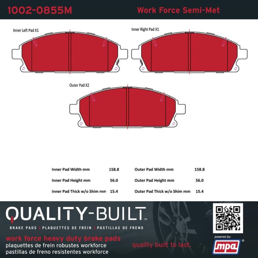 MPA 1002-0855M Quality-Built Work Force Heavy Duty Brake Pads w/ Hardware