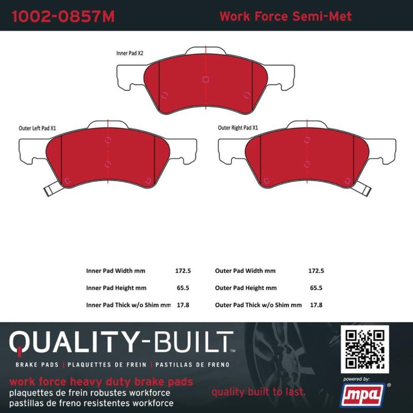 MPA 1002-0857M Quality-Built Work Force Heavy Duty Brake Pads w/ Hardware
