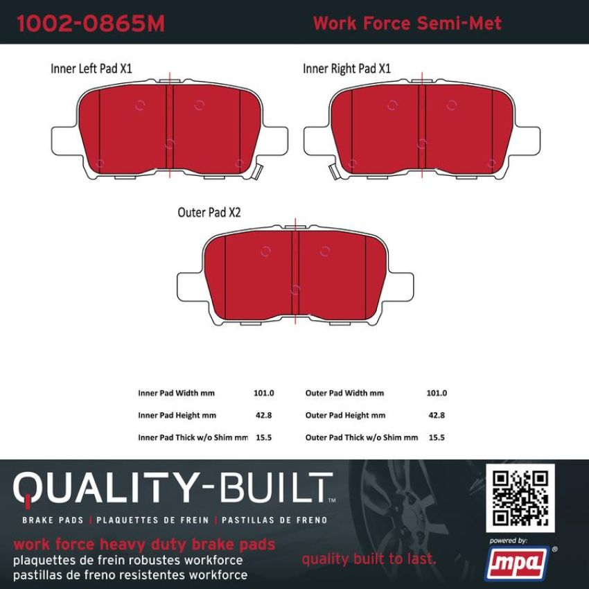 MPA 1002-0865M Quality-Built Work Force Heavy Duty Brake Pads w/ Hardware