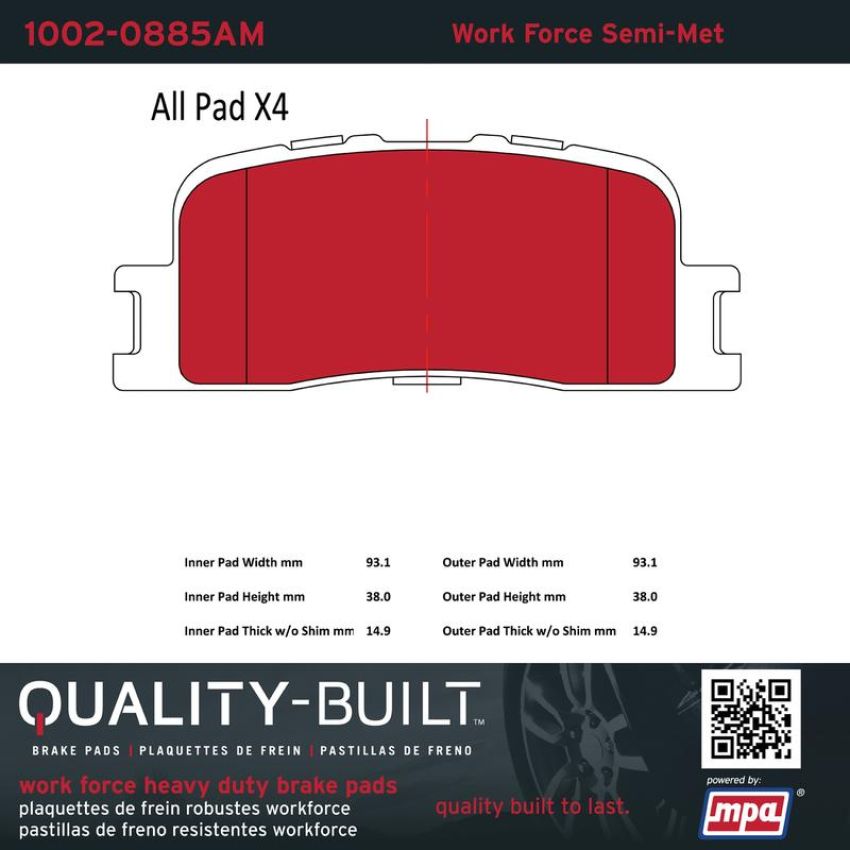 MPA 1002-0885AM Quality-Built Work Force Heavy Duty Brake Pads w/ Hardware