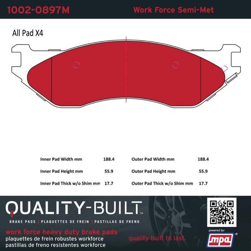 MPA 1002-0897M Quality-Built Work Force Heavy Duty Brake Pads w/ Hardware