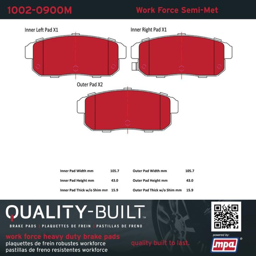 MPA 1002-0900M Quality-Built Work Force Heavy Duty Brake Pads w/ Hardware