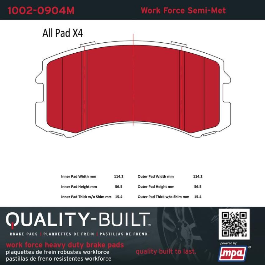 MPA 1002-0904M Quality-Built Work Force Heavy Duty Brake Pads w/ Hardware