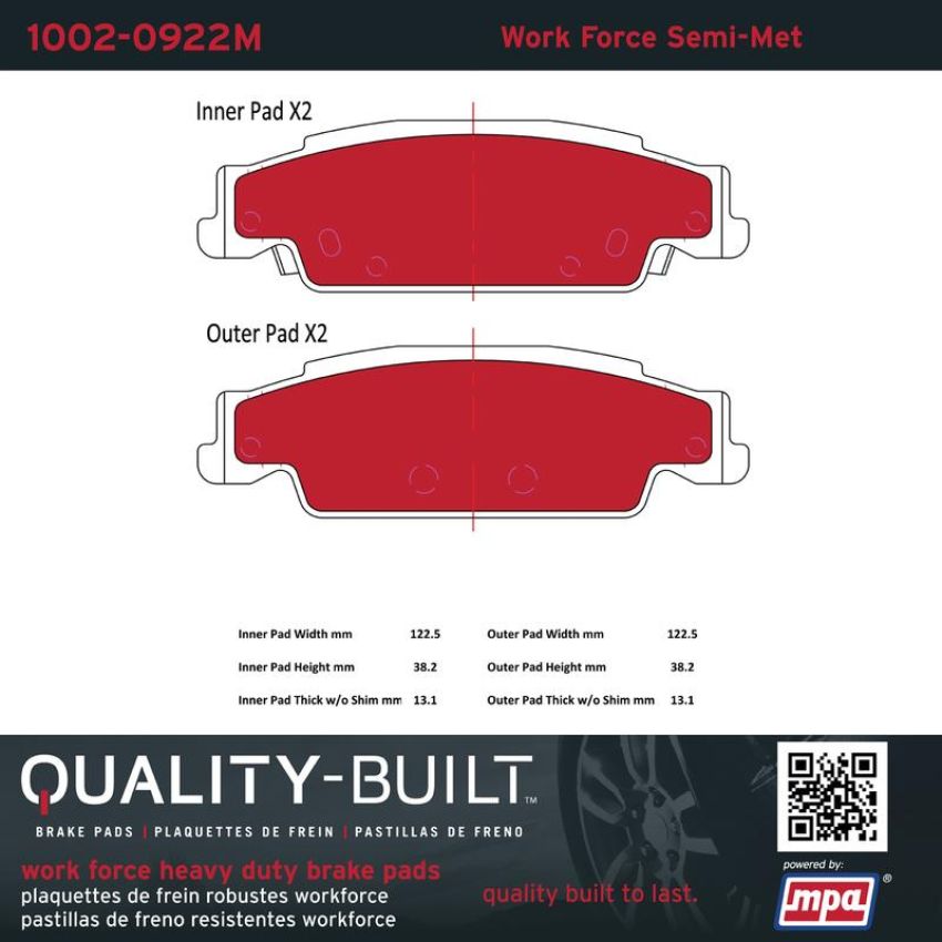 MPA 1002-0922M Quality-Built Work Force Heavy Duty Brake Pads w/ Hardware