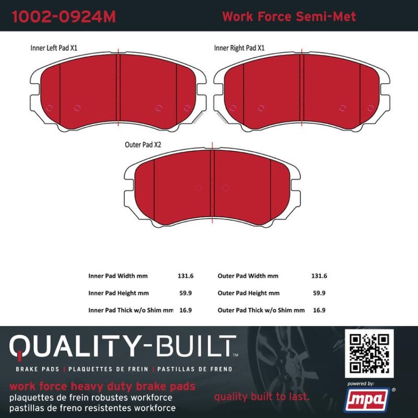 MPA 1002-0924M Quality-Built Work Force Heavy Duty Brake Pads w/ Hardware