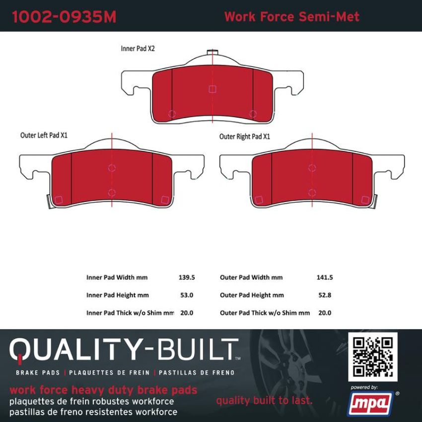 MPA 1002-0935M Quality-Built Work Force Heavy Duty Brake Pads w/ Hardware