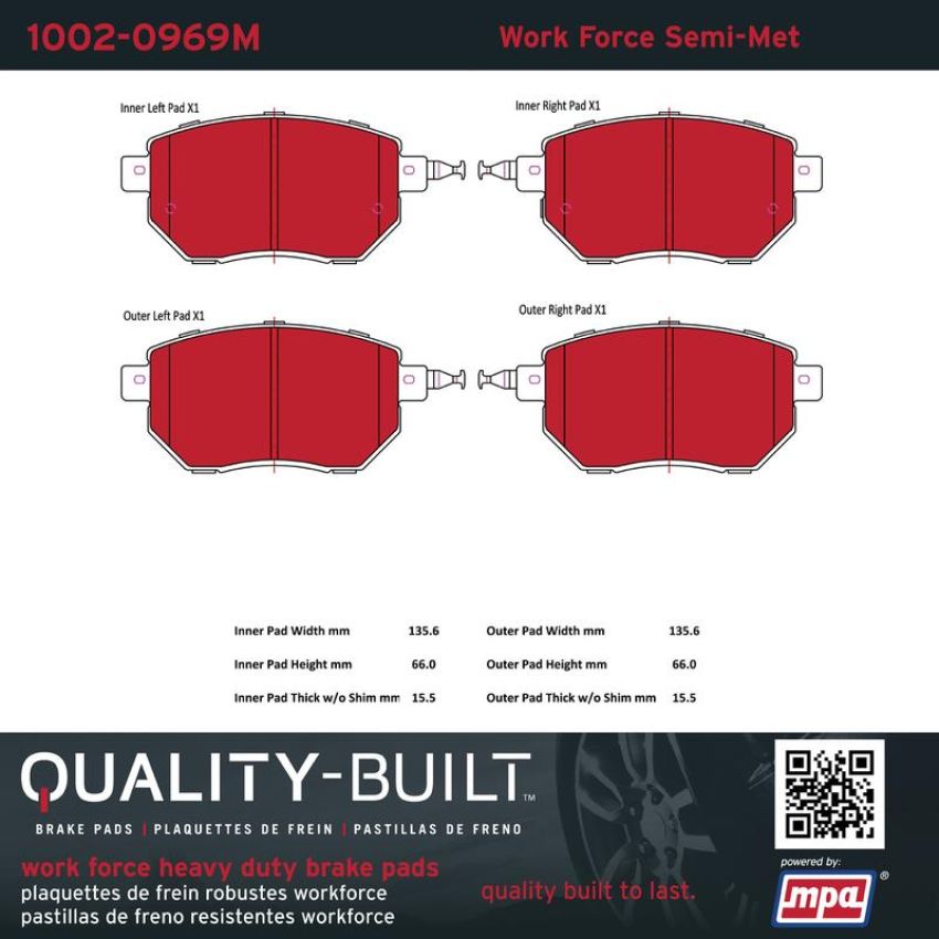 MPA 1002-0969M Quality-Built Work Force Heavy Duty Brake Pads w/ Hardware