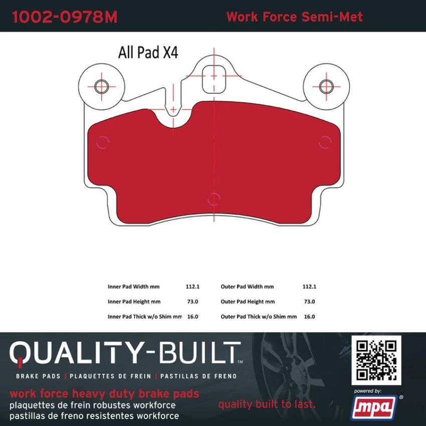 MPA 1002-0978M Quality-Built Work Force Heavy Duty Brake Pads w/ Hardware