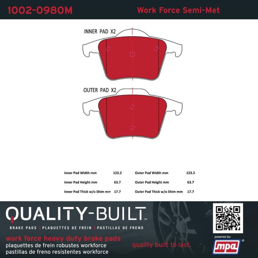 MPA 1002-0980M Quality-Built Work Force Heavy Duty Brake Pads w/ Hardware
