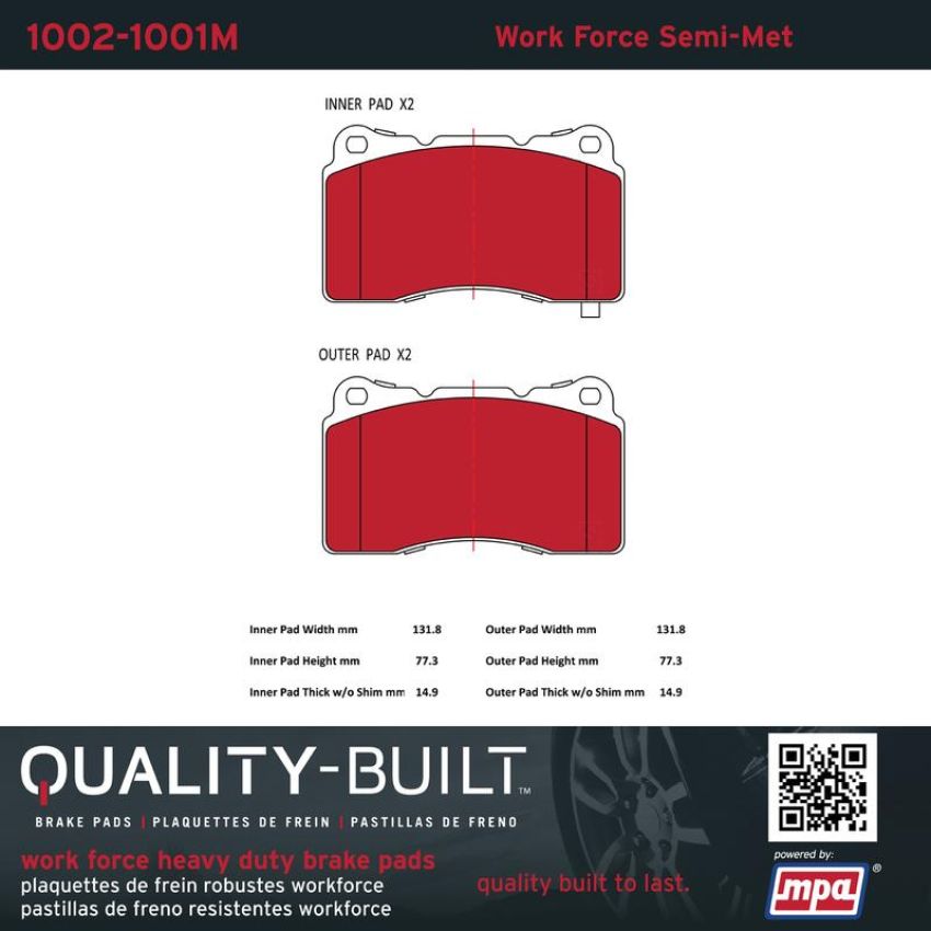 MPA 1002-1001M Quality-Built Work Force Heavy Duty Brake Pads