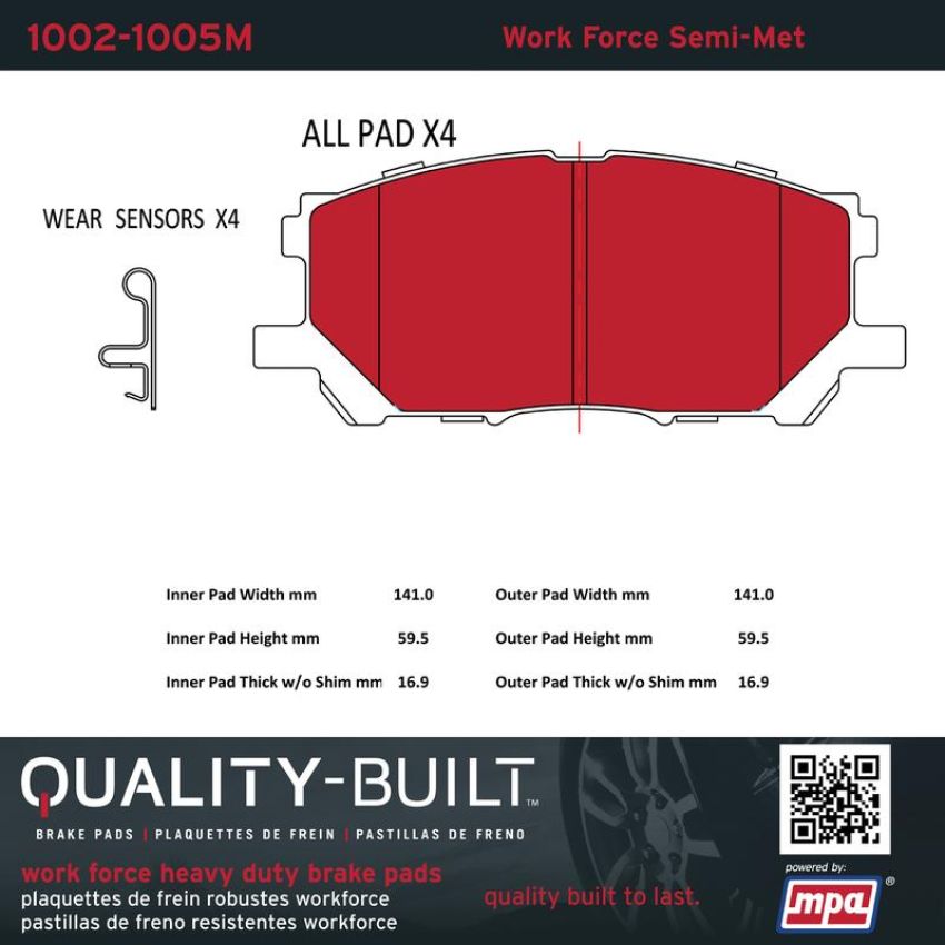 MPA 1002-1005M Quality-Built Work Force Heavy Duty Brake Pads w/ Hardware