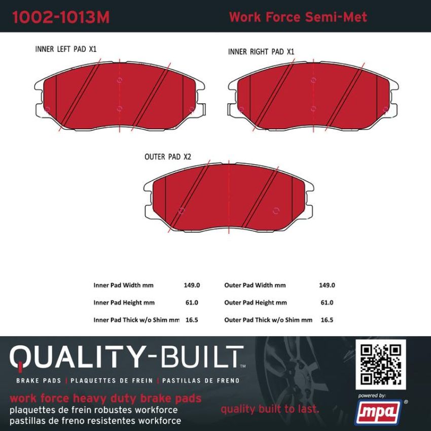 MPA 1002-1013M Quality-Built Work Force Heavy Duty Brake Pads w/ Hardware