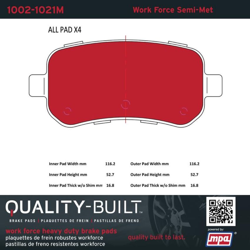 MPA 1002-1021M Quality-Built Work Force Heavy Duty Brake Pads w/ Hardware