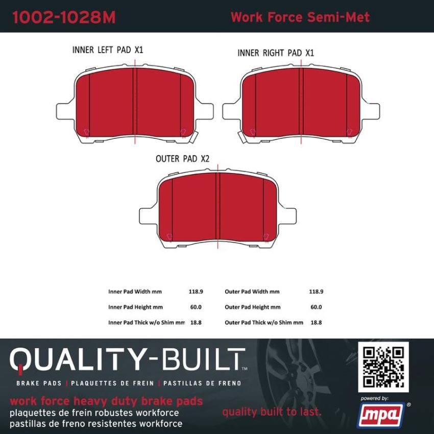 MPA 1002-1028M Quality-Built Work Force Heavy Duty Brake Pads w/ Hardware