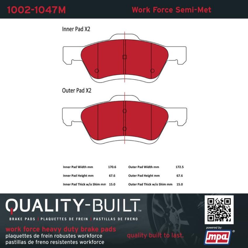 MPA 1002-1047M Quality-Built Work Force Heavy Duty Brake Pads w/ Hardware