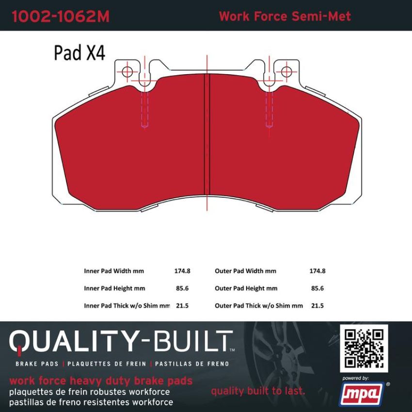 MPA 1002-1062M Quality-Built Work Force Heavy Duty Brake Pads