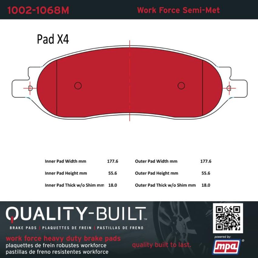 MPA 1002-1068M Quality-Built Work Force Heavy Duty Brake Pads w/ Hardware