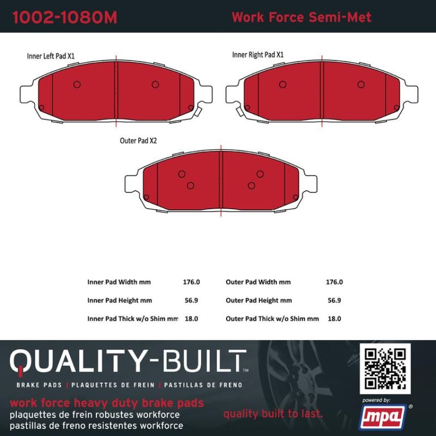 MPA 1002-1080M Quality-Built Work Force Heavy Duty Brake Pads w/ Hardware