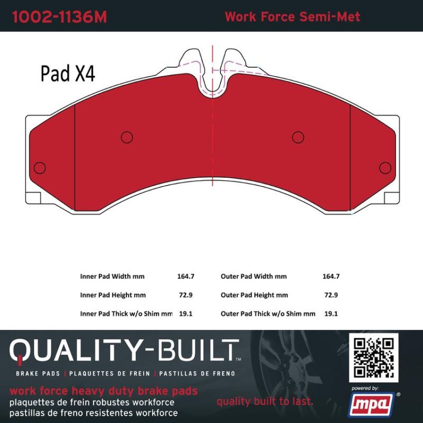 MPA 1002-1136M Quality-Built Work Force Heavy Duty Brake Pads