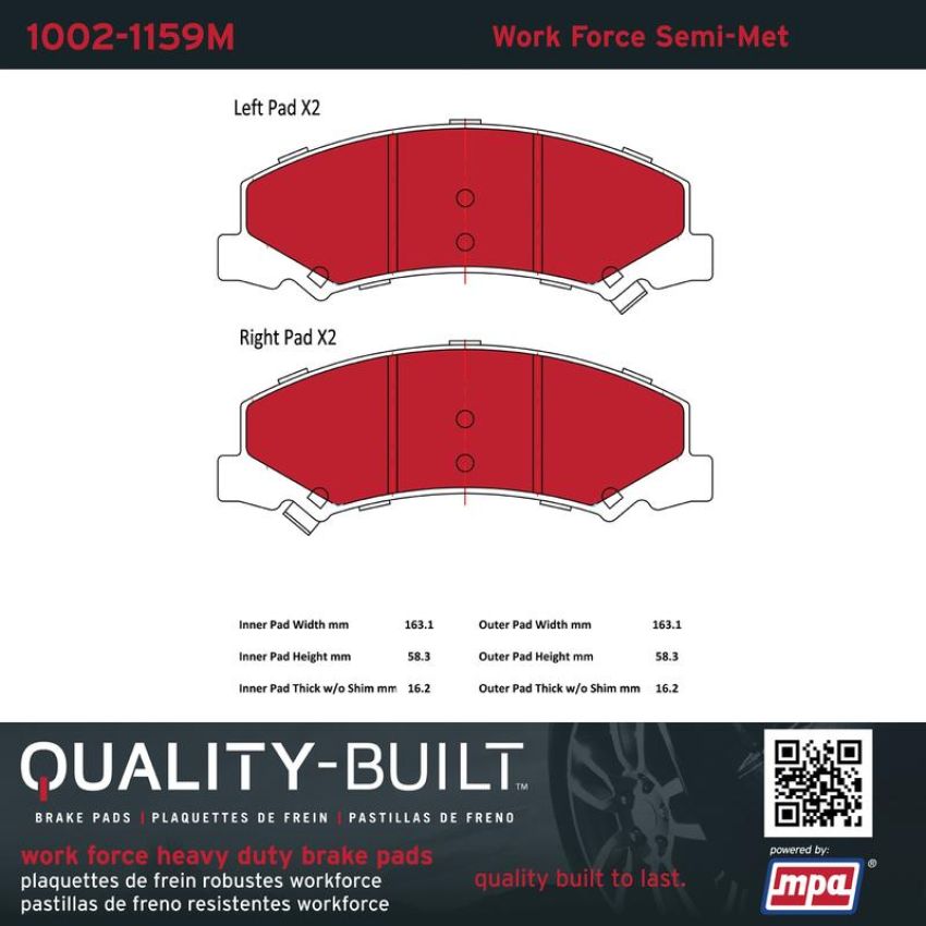 MPA 1002-1159M Quality-Built Work Force Heavy Duty Brake Pads w/ Hardware
