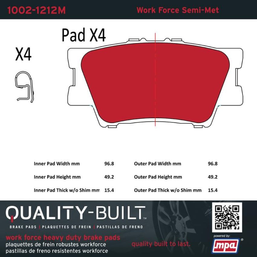 MPA 1002-1212M Quality-Built Work Force Heavy Duty Brake Pads w/ Hardware