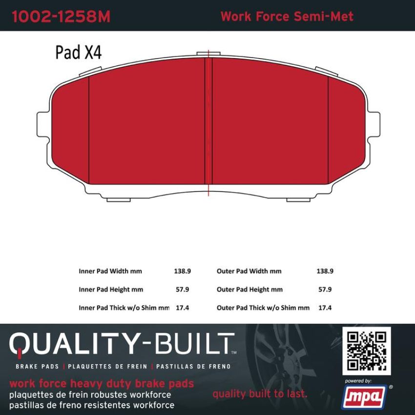MPA 1002-1258M Quality-Built Work Force Heavy Duty Brake Pads w/ Hardware