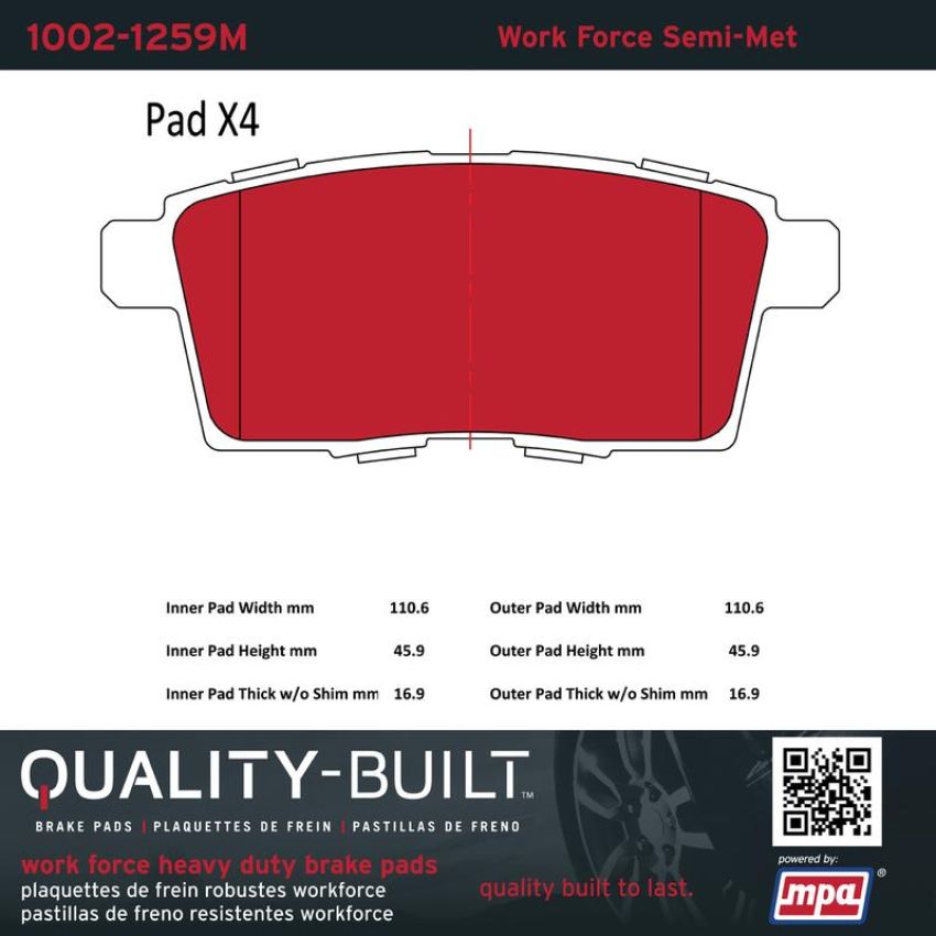MPA 1002-1259M Quality-Built Work Force Heavy Duty Brake Pads w/ Hardware